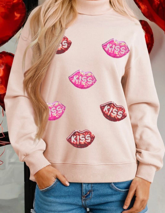 Sequins Kiss Lips Pink Mock Neck Valentines Sweater Top