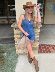 Kelsea Denim Button Down Shorts Romper w/Overall Adjustable Straps