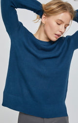 Teal Boyfriend Fit Sweater w/Waffle Texture and Ribbed Cuff