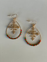 Christmas Snowflake Gold, Red & Green Teardrop Earrings
