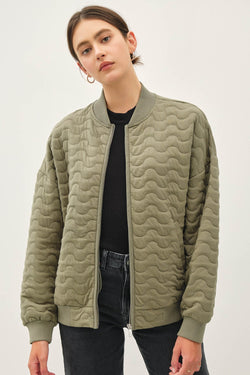 Olive Quilted Bomber Zip Up Jacket w/Pockets