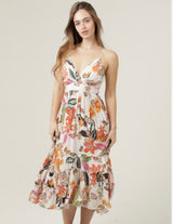 Tropical Print Ivory Hi-Low Midi Tank Dress w/Smocking & Adjustable Straps