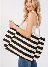 Black & White Stripe Large Tote Bag w/Inner Pocket