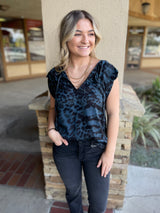 Midnight Blue & Black Print Split Neck W/Tie Sleeveless Top by Lovestitch