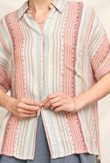 Catalina Blue, Red & Ivory Stripe Short Sleeve Button Down Collared Top