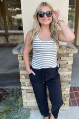 Everyday Black Slightly Crop Straight Leg Pant w/Pockets & Drawstring Elastic Waist