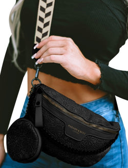 London Black Shoulder Bag & Coin Purse w/Tan & Black Guitar Strap and Chain