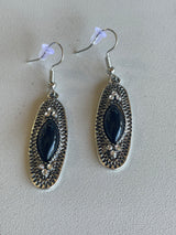 Antique Silver Oval Drop Black Stone Fishhook Earrings