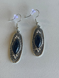 Antique Silver Oval Drop Black Stone Fishhook Earrings