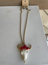 Betsy Chunky White & Coral Bullhead Pendant on Gold Long Chain Link Necklace w/Bullhead Earring Set