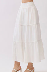 Cabo White Smocked Waist Pom Pom Tiered Trim Midi Skirt w/Pockets