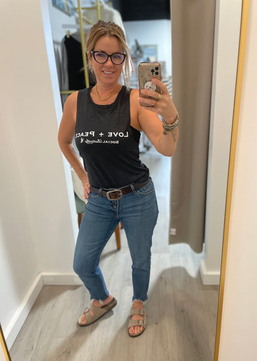 Love + Peace Social Butterfly Black Heather Muscle Tank