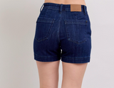 Ella Dark Denim Trouser Shorts by Judy Blue Rise 10.5” Inseam 4.5”