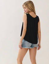 Black Flowy Round Neck Tank Top w/Keyhole Back Button