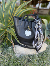 Julia Black Genuine Leather Carry All Bag w/Keychain, Leather Tie Strap & Inner Pocket