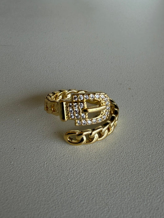Gold & CZ Wrap Buckle Chain Ring - Adjustable