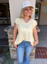 Yellow Flowy Ruffle Cap Sleeve & Woven Stitch Detail Top