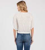 White Textured Bodice Short Sleeve Button Down Top w/Tie