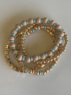 Tan, Gold & Turquoise Set of 4 Stretch Beaded Bracelets