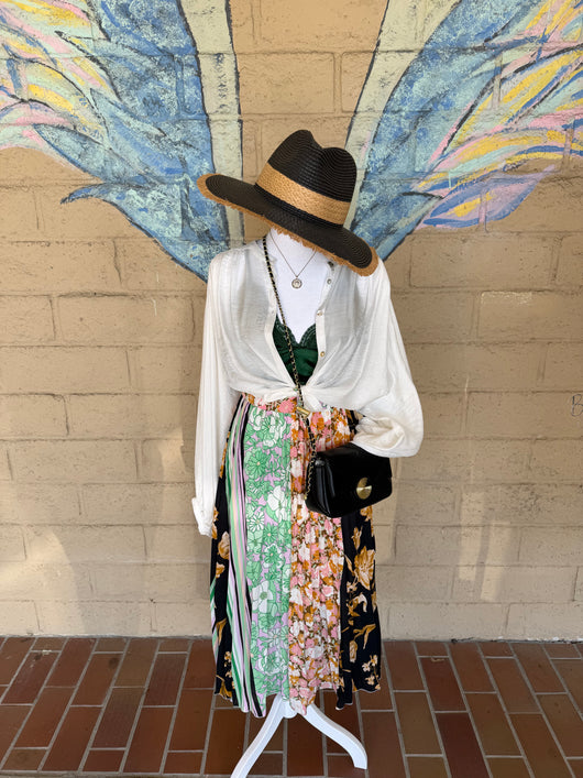 Bali Multi Color and Print Pleated Midi Skirt w/Elastic & Side Zipper