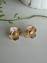 Gold Filagree Flower & Rhinestone Post Earrings