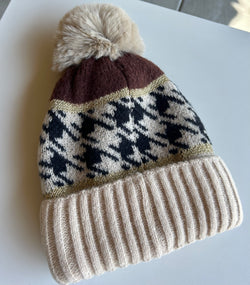 Cream, Brown & Gold Houndstooth Pattern Pom Pom Beanie w/Fold Over Cuff