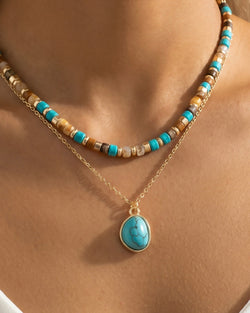 Multi Color Beads & Gold Chain w/Turquoise Stone Layered Necklace