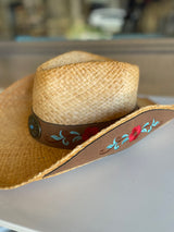 Natural Raffia Cowgirl Hat w/Red & Teal Embroidery Band by CC Brand - Size S/M