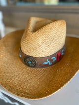 Natural Raffia Cowgirl Hat w/Red & Teal Embroidery Band by CC Brand - Size S/M