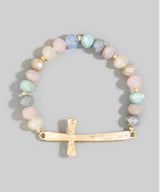 Pastels Glass Bead w/Hammered Gold Cross Stretch Bracelet
