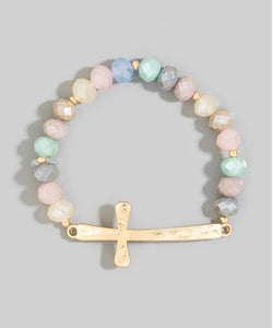 Pastels Glass Bead w/Hammered Gold Cross Stretch Bracelet