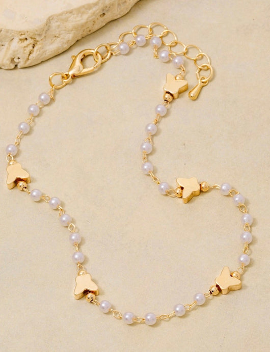 Gold Butterfly & Pearl Ball Adjustable Anklet