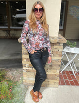 Floral Mesh Long Sleeve High Neck Sheath Blouse