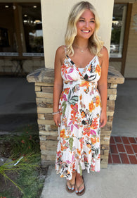 Tropical Print Ivory Hi-Low Midi Tank Dress w/Smocking & Adjustable Straps
