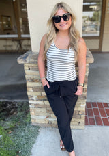 Everyday Black Slightly Crop Straight Leg Pant w/Pockets & Drawstring Elastic Waist