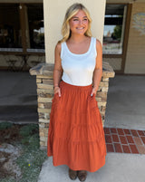 Terracotta Ruffle Tiered Elastic Tie Waistband Midi Skirt w/Pockets