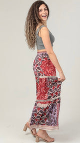 Red Lilac Paisley Design Wide Leg, Lace Inserts and Smocked Waist Pants by Angie