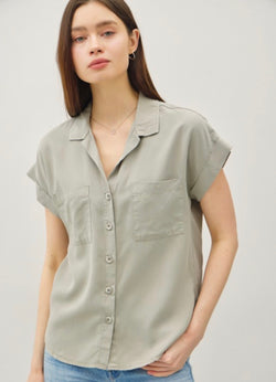 Sage Green Short Sleeve Button Down Tencel Top