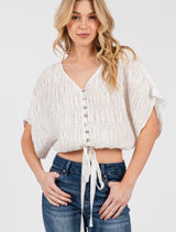 White Textured Bodice Short Sleeve Button Down Top w/Tie