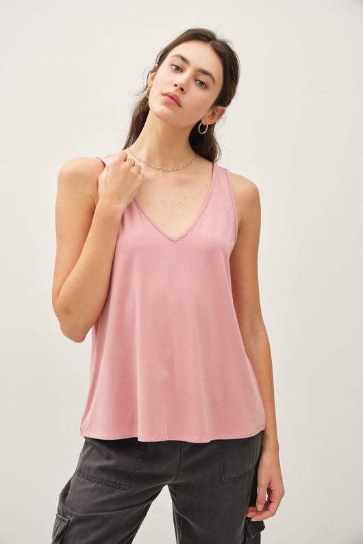 Dusty Rose Flowy Bamboo V-Neck Tank Top