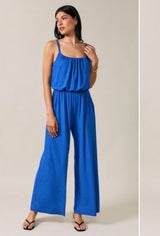 Cobalt Blue Ribbed Texture Wide Leg Adjustable Spaghetti Strap Midi Jumper w/Pockets