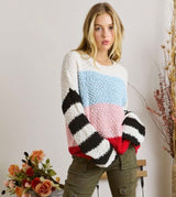 Sky Blue Multi Colorblock Popcorn Knit Sweater