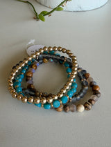 Turquoise, Natural & Gold Glass Beads Set of 4 Stretch Bracelet