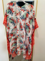 Red & Blue Tropical Print Sheer OS Kimono Top