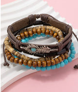 Silver Feather on Brown, Turquoise and Black Set of 5 Beaded Bracelets