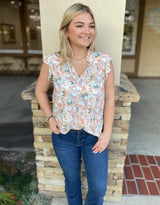 Natural & Coral Paisley Print Flutter Sleeve V-Neck Blouse by Lovestitch