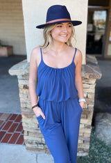 Cobalt Blue Ribbed Texture Wide Leg Adjustable Spaghetti Strap Midi Jumper w/Pockets
