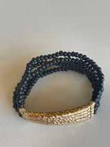 Black Beads w/Gold Metal Bars Stretch Bracelet