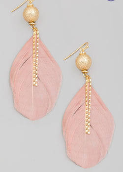 Mauve Feather & Gold Ball w/Chain Fishhook Earrings
