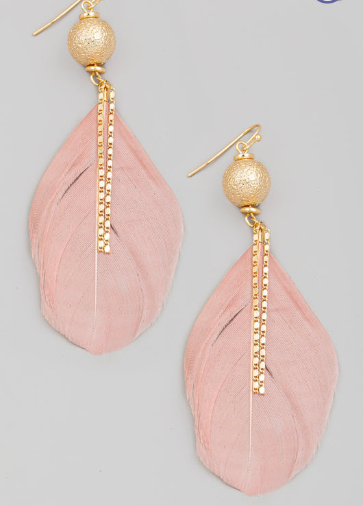 Mauve Feather & Gold Ball w/Chain Fishhook Earrings